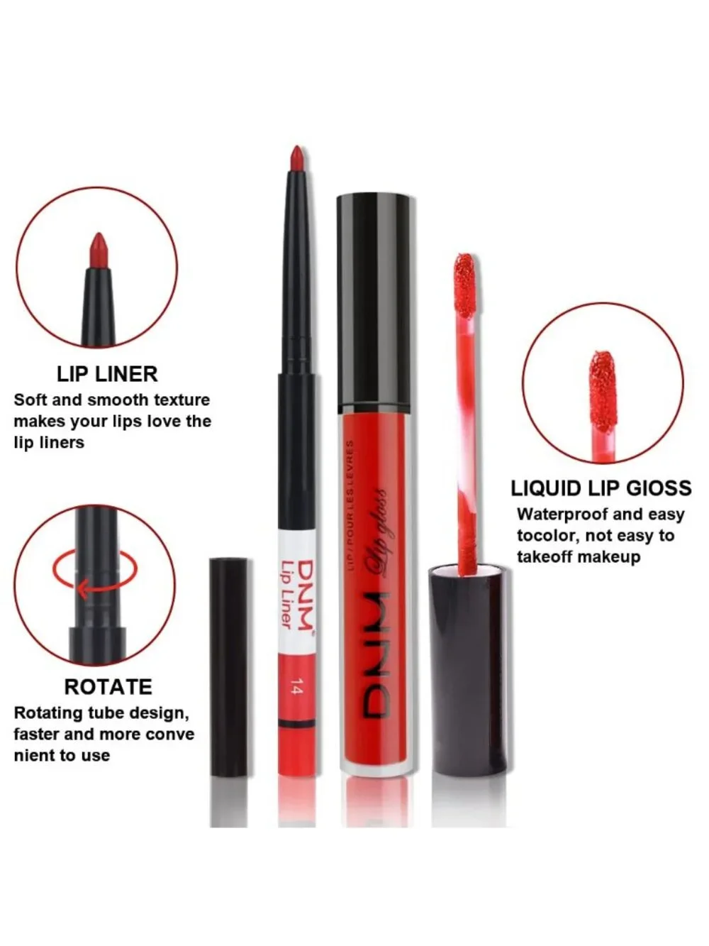 DNM 14# Ruby Red 2Pcs 24H Long-Lasting Matte Liquid Lipstick and Lip Liner Set